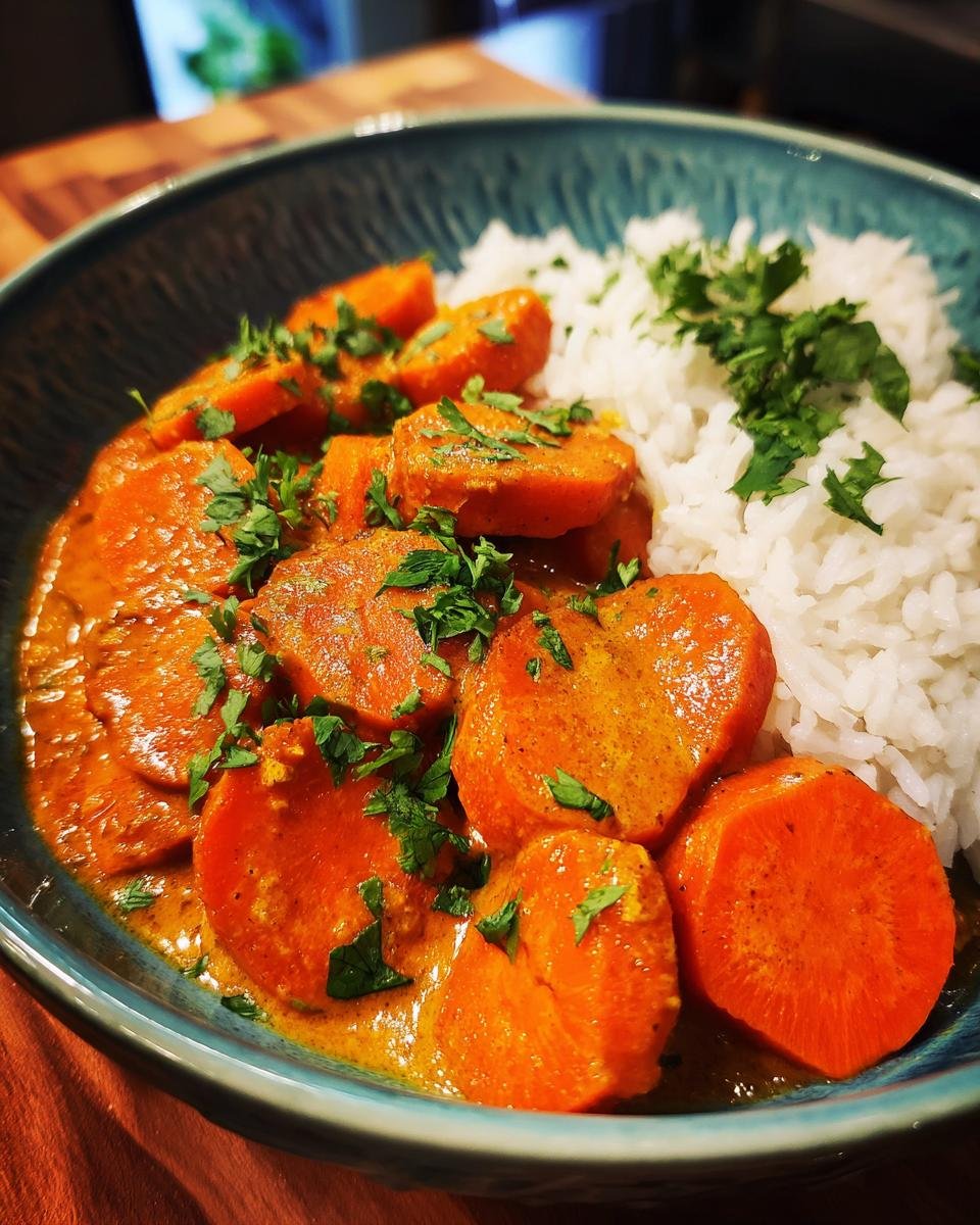 A bowl of Schnelles Karotten-Kokos-Curry, featuring sliced carrots in coconut curry sauce served with rice and parsley.