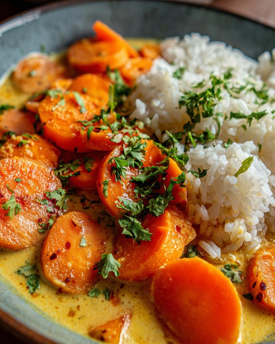 Close-up of Schnelles Karotten-Kokos-Curry mit Ingwer served with white rice and garnished with fresh parsley.