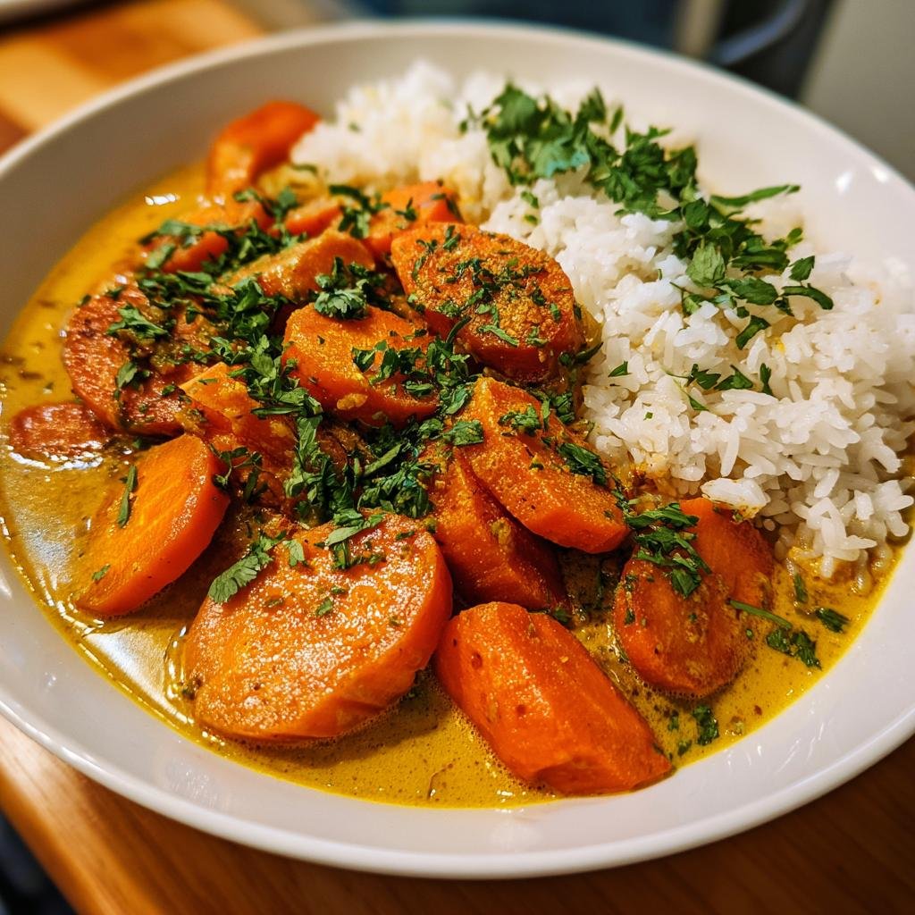 A bowl of Schnelles Karotten-Kokos-Curry mit Ingwer, served with rice and garnished with fresh parsley.