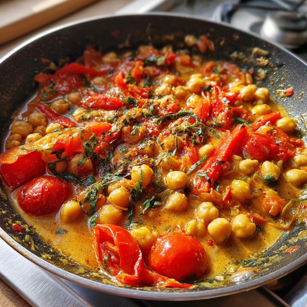 Schnelles Paprika-Kichererbsen-Curry in einer Pfanne mit Kokosmilch, Paprika und Kichererbsen.