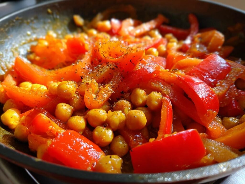 Nahaufnahme von Schnelles Paprika-Kichererbsen-Curry mit roten Paprika und Kichererbsen in einer Pfanne.