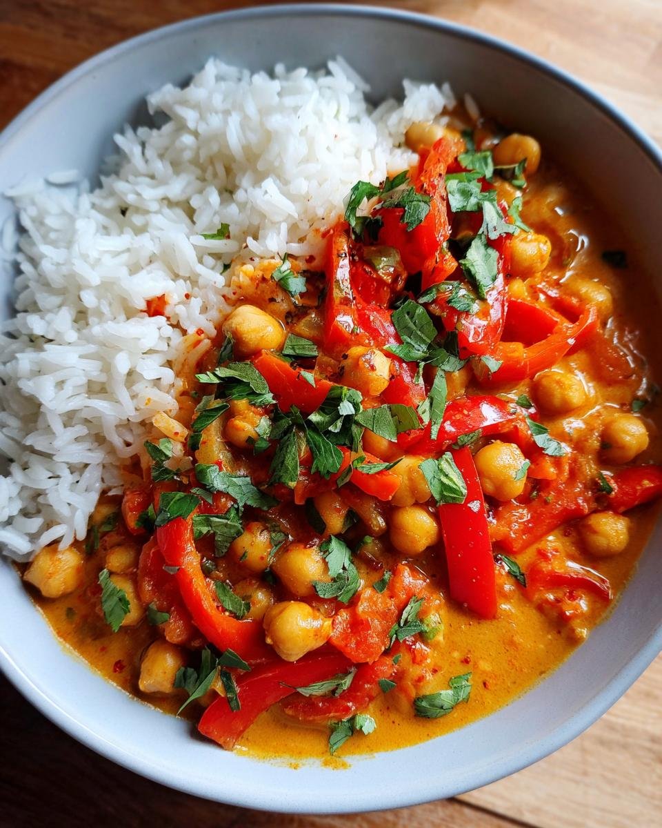 Schüssel mit Schnelles Paprika-Kichererbsen-Curry, roter Paprika, Kichererbsen, Kokosmilch und Reis.