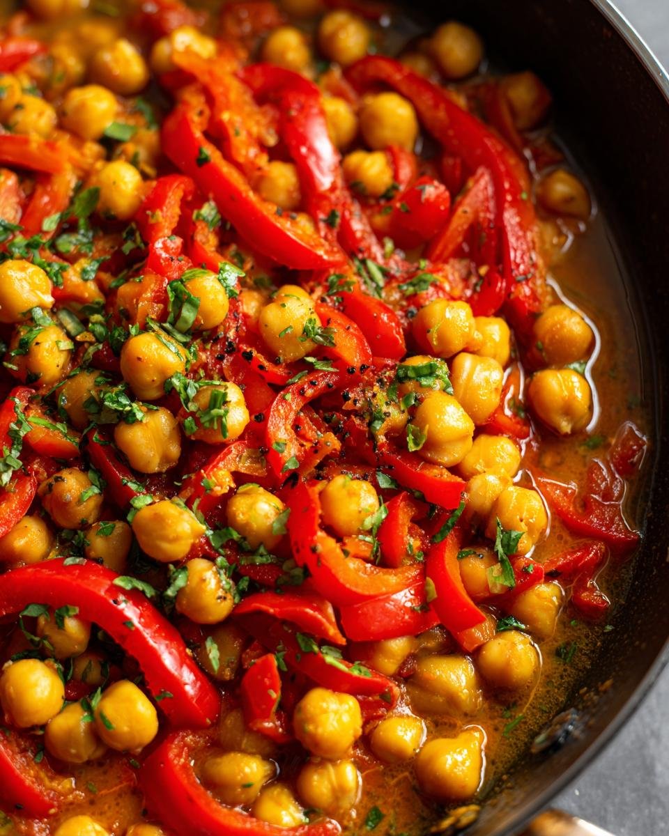 Close-up of Schnelles Paprika-Kichererbsen-Curry: Einfach & Lecker mit Kokosmilch, showing red peppers and chickpeas.
