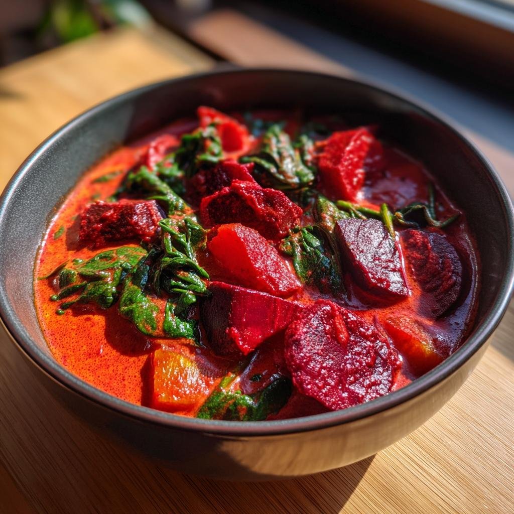 Close-up of Schnelles Rote-Bete-Curry mit Spinat served in a bowl, showcasing the vibrant colors of beets and spinach.