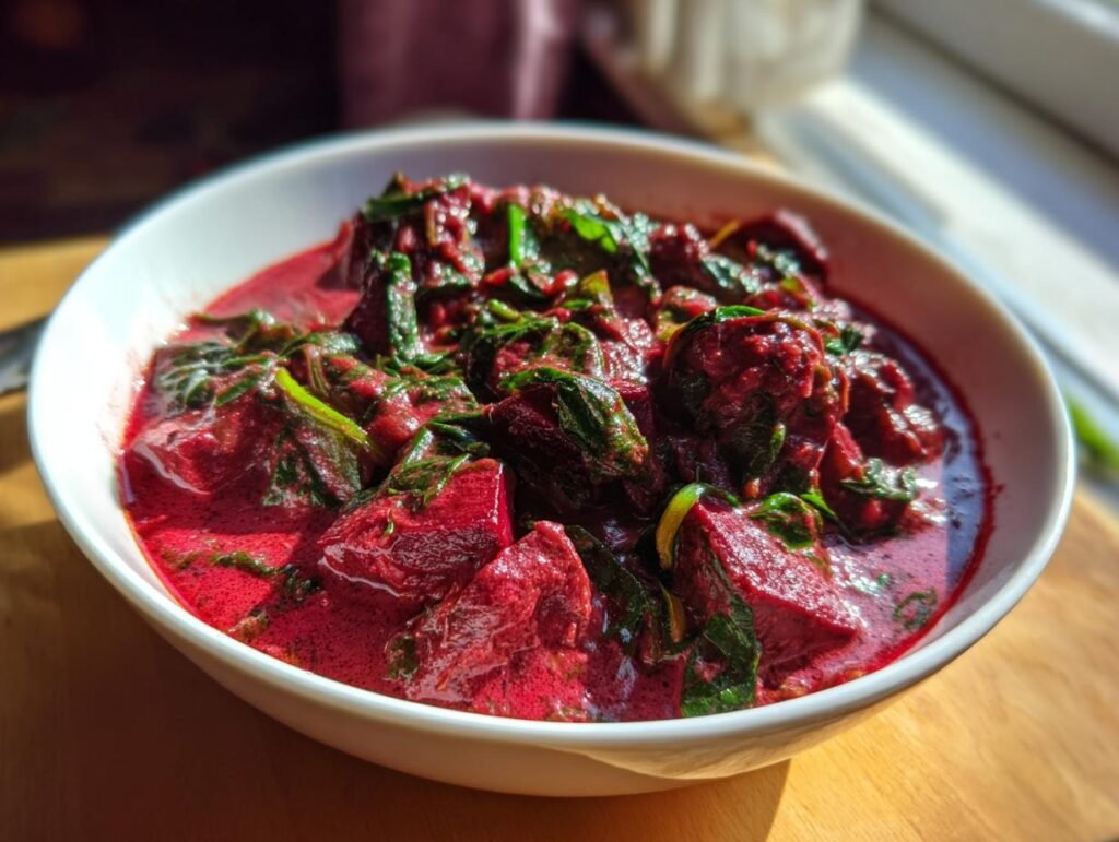 A bowl of Schnelles Rote-Bete-Curry mit Spinat, a quick beetroot curry with spinach, ready to eat.