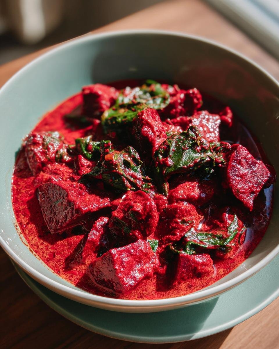 A bowl of Schnelles Rote-Bete-Curry mit Spinat, showcasing the vibrant red beets and fresh spinach.