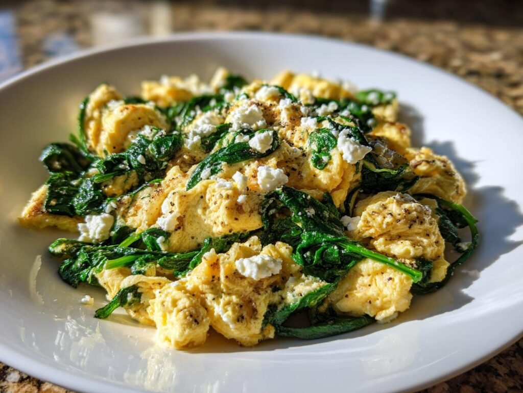 A plate of Schnelles Rührei mit Spinat & Feta, a quick scrambled egg dish with spinach and feta cheese.