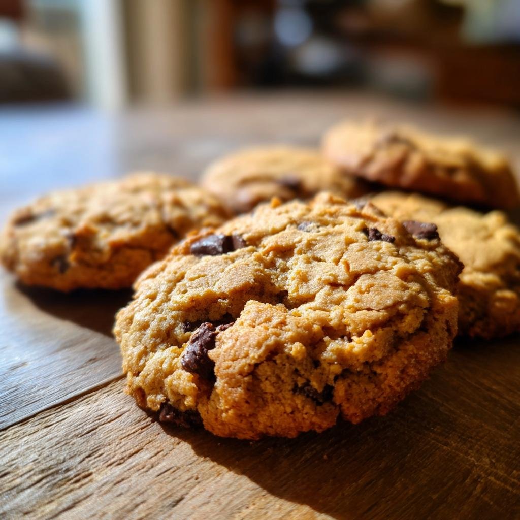 Close-up of Schokoladenkekse mit Schokostückchen (chocolate chip cookies) on a wooden surface.