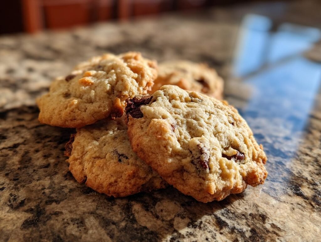 Close-up of Schokoladenkekse mit Schokostückchen (chocolate chip cookies) on a marble surface, showing texture and chocolate chips.