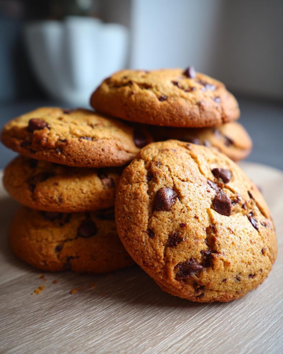 A stack of freshly baked Schokoladenkekse mit Schokostückchen (chocolate chip cookies) on a wooden surface.