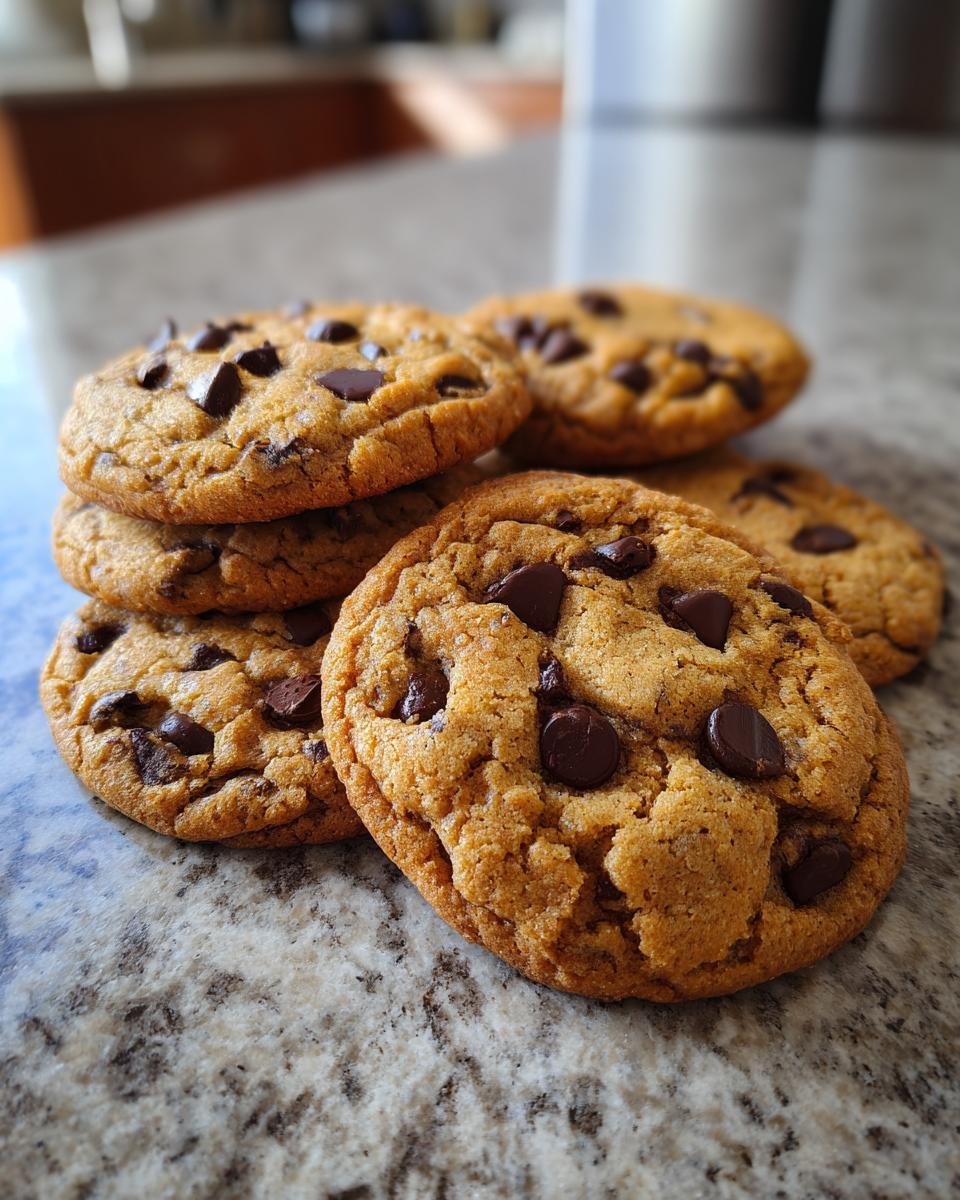 A stack of freshly baked Schokoladenkekse mit Schokostückchen (chocolate chip cookies) on a countertop.