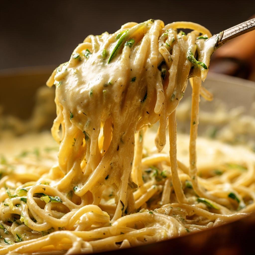 Close-up of Spaghetti mit Zucchini-Sahne-Sauce on a fork, showing creamy sauce and zucchini.