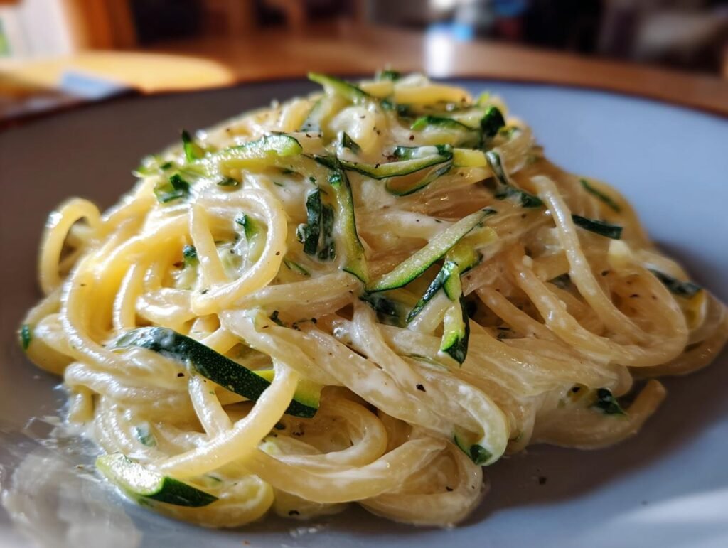 Close-up of Spaghetti mit Zucchini-Sahne-Sauce, a creamy zucchini pasta dish, served on a plate.
