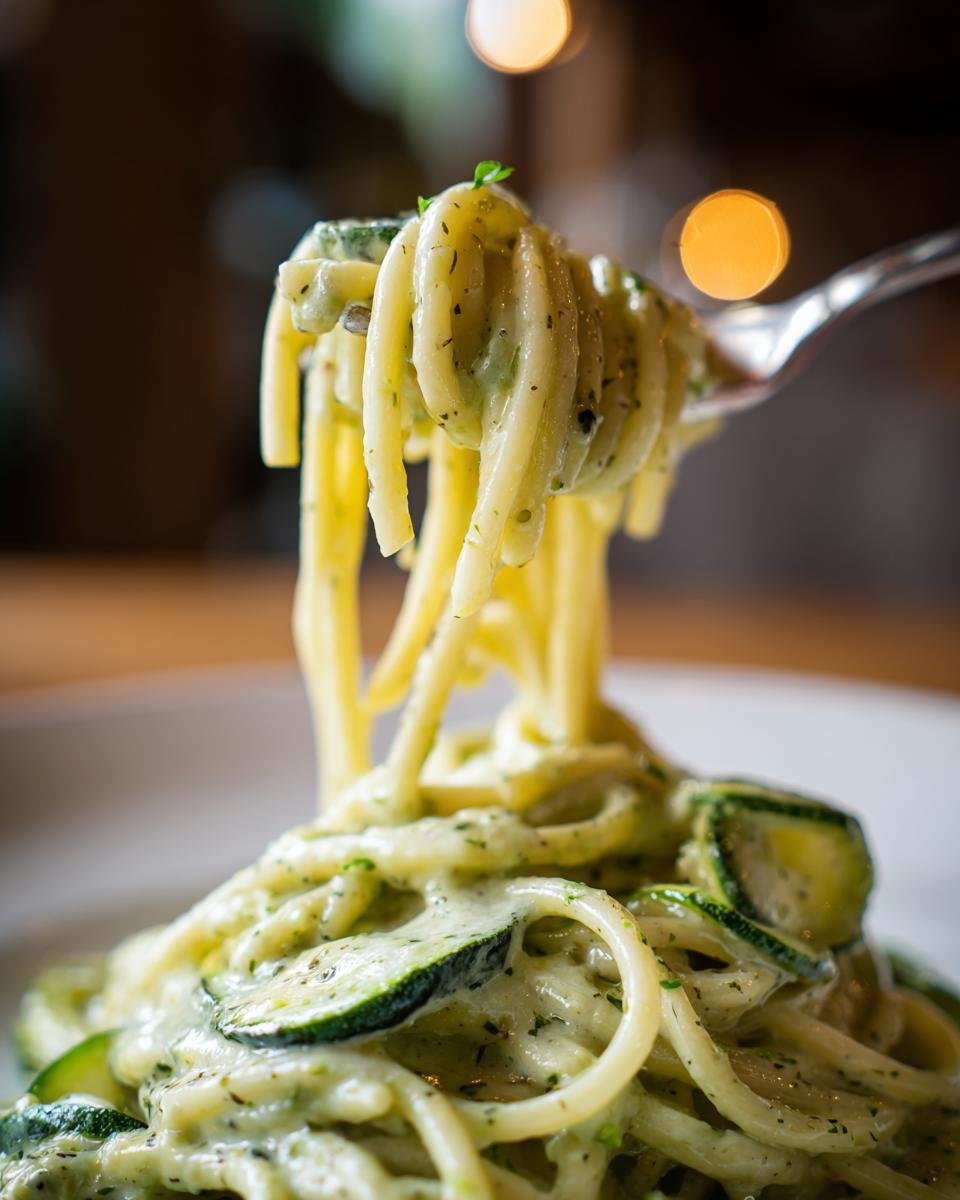 Close-up of Spaghetti mit Zucchini-Sahne-Sauce on a fork, creamy and delicious.