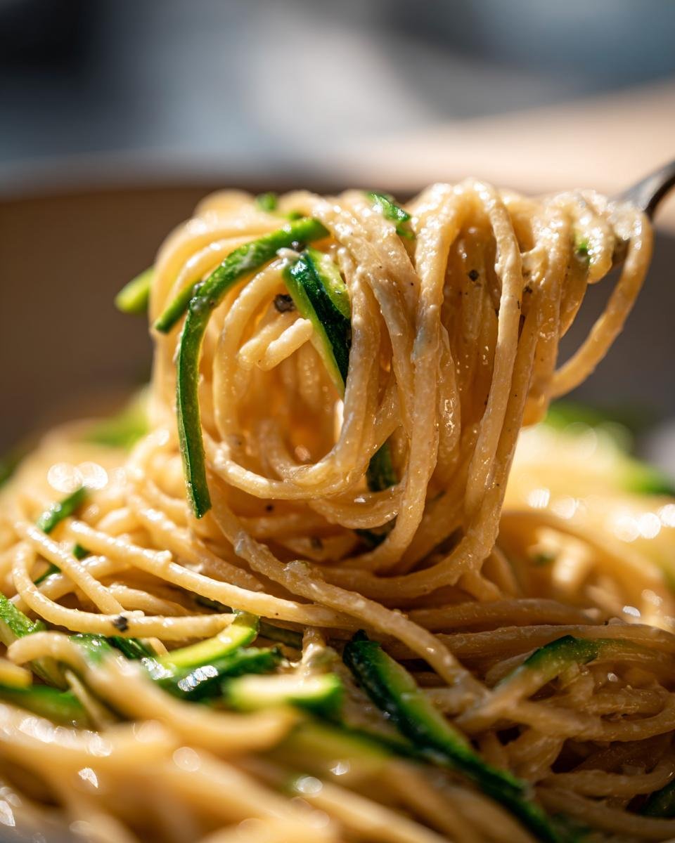 Close-up of Spaghetti mit Zucchini-Sahne-Sauce twirled on a fork, showing creamy sauce and fresh zucchini.