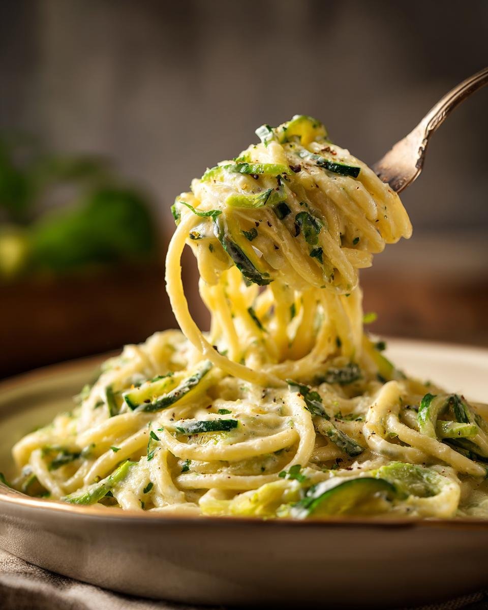 Close-up of Spaghetti mit Zucchini-Sahne-Sauce on a fork, creamy and delicious.