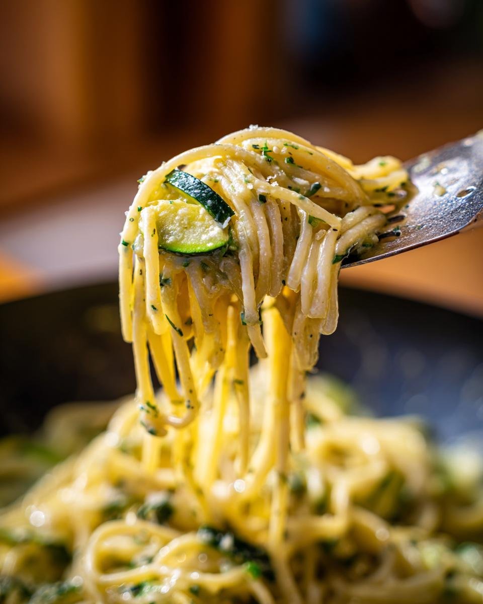 Close-up of Spaghetti mit Zucchini-Sahne-Sauce on a fork, showing zucchini slices and creamy sauce.