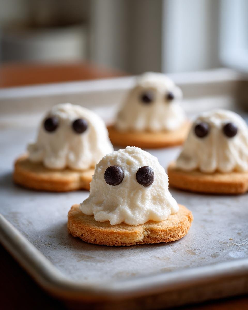 Close-up of Süße Mini-Geister-Pizzen, a sweet Halloween snack, on a baking sheet. Ghost-shaped frosting and chocolate chip eyes.