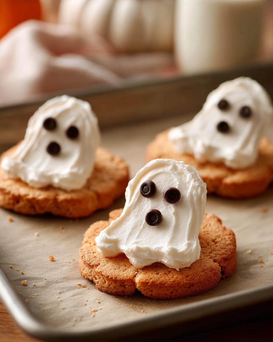 Close-up of Süße Mini-Geister-Pizzen, a sweet Halloween snack with ghost-shaped frosting and chocolate chip eyes on cookies.