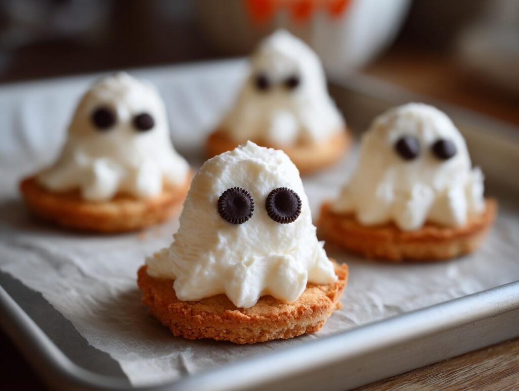 Close-up of Süße Mini-Geister-Pizzen, a sweet Halloween snack with cookie base, cream topping, and chocolate eyes.