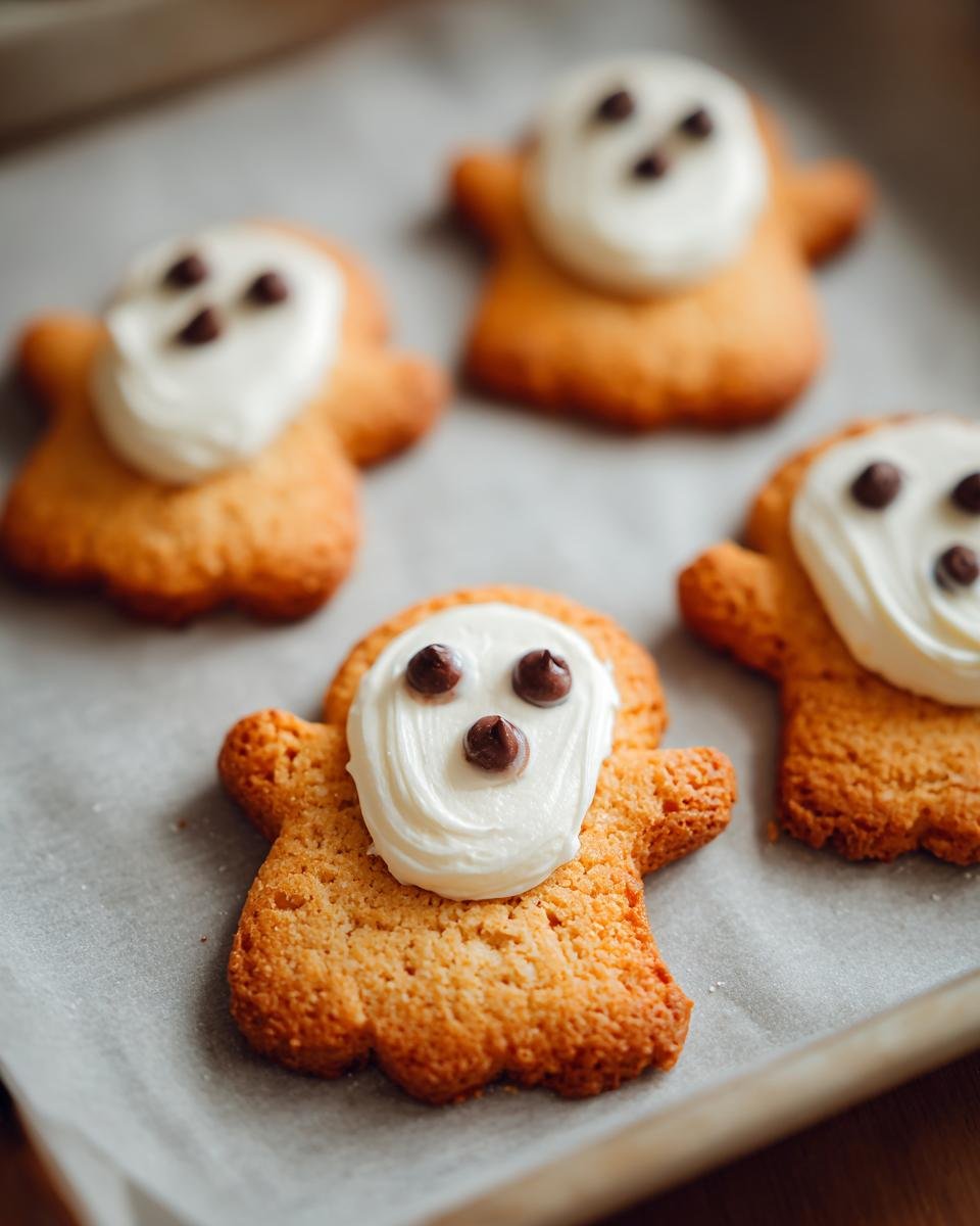 Close-up of Süße Mini-Geister-Pizzen, a fun Halloween snack, with cookie base, white frosting and chocolate chip eyes/mouth.