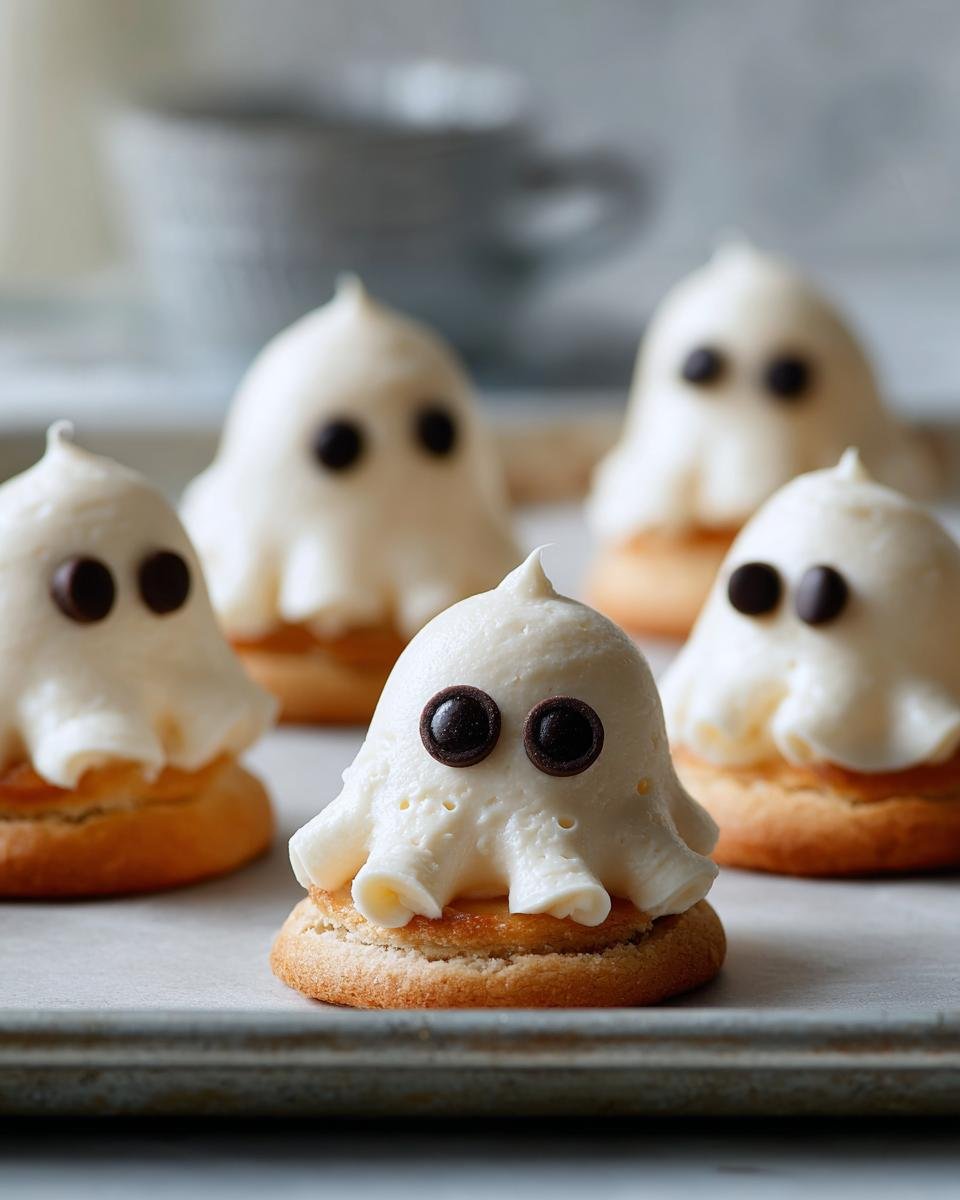 Close-up of Süße Mini-Geister-Pizzen, a kid-friendly Halloween snack with ghost-shaped frosting and chocolate eyes.