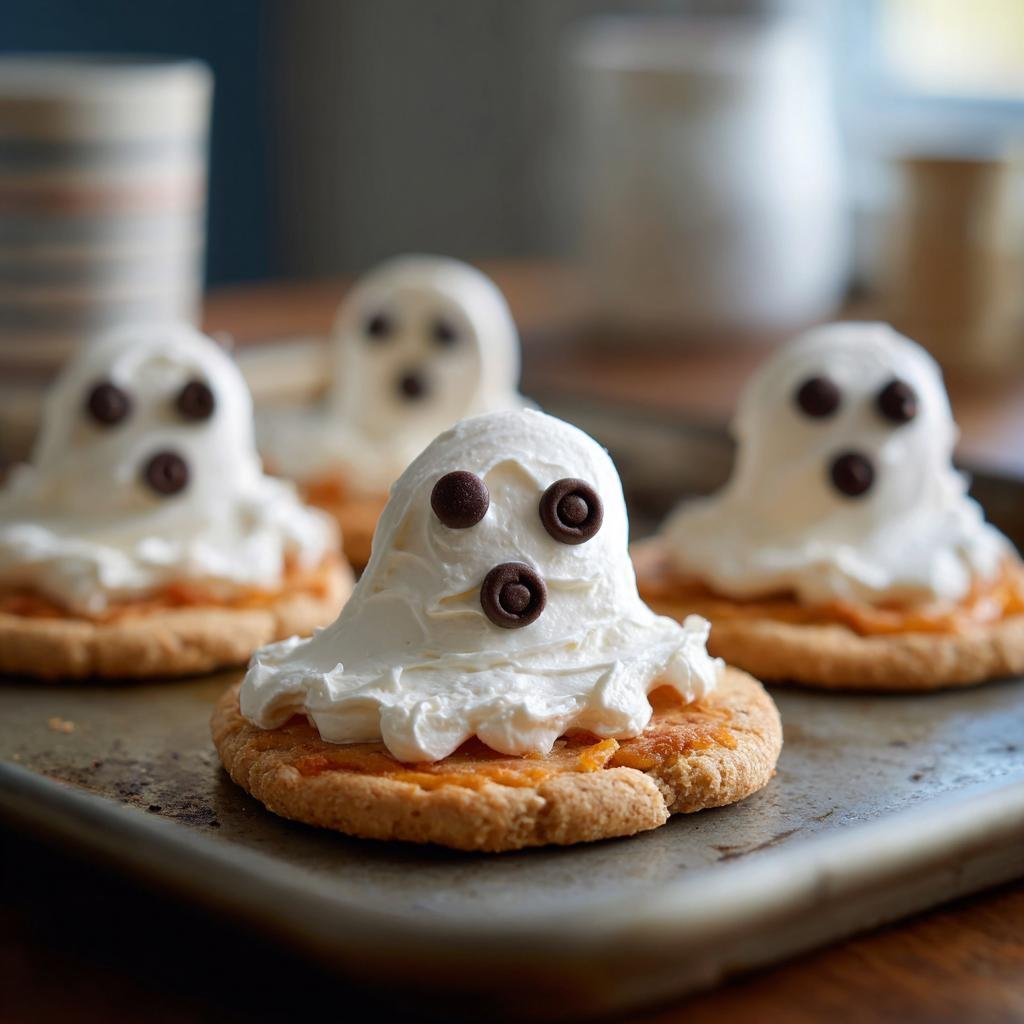 Close-up of Süße Mini-Geister-Pizzen, a Halloween snack with cookie base, orange spread, and ghost-shaped cream cheese topping with chocolate chip eyes.