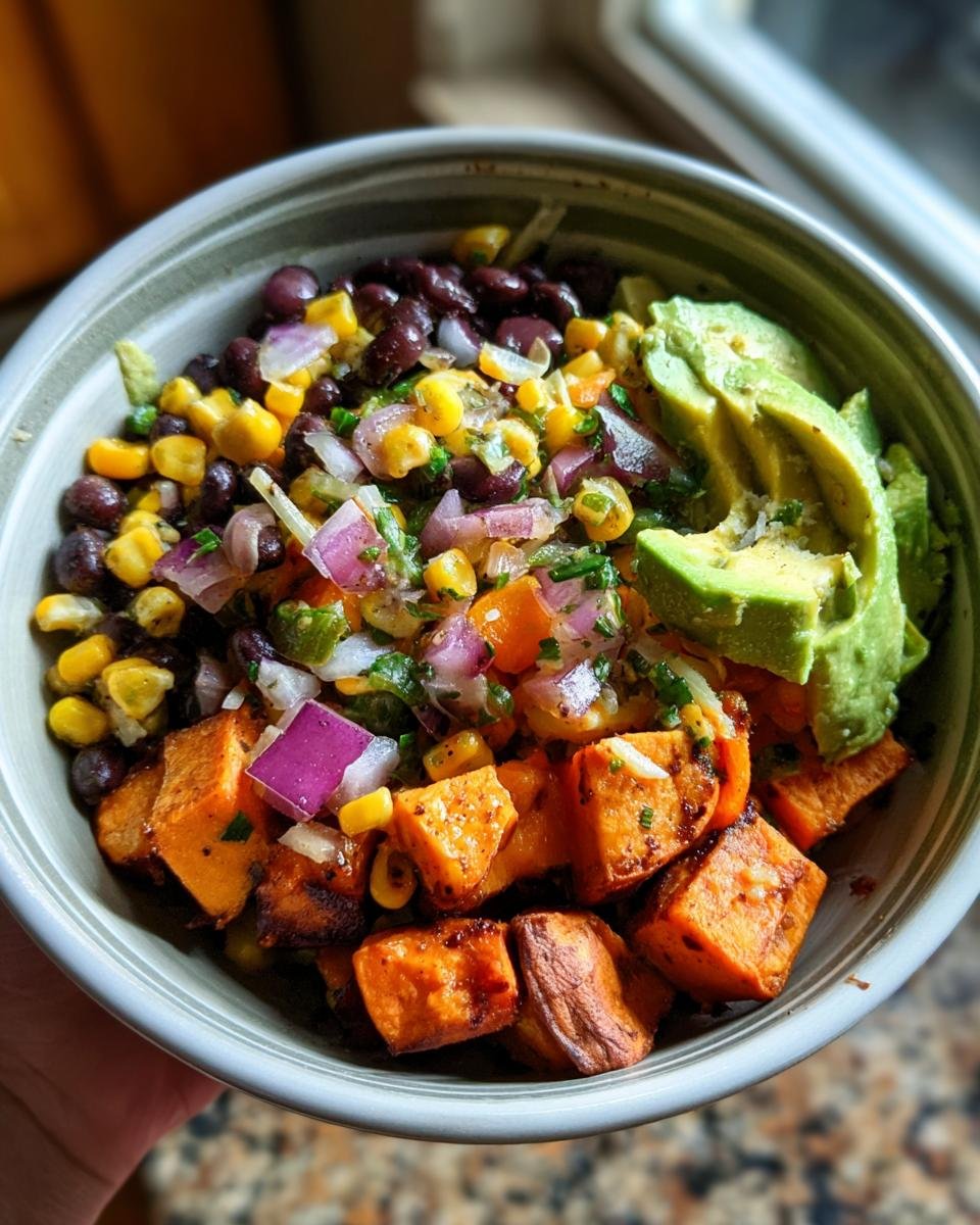 Nahaufnahme einer Süßkartoffel-Taco-Schüssel mit Süßkartoffeln, Mais, schwarzen Bohnen und Avocado.