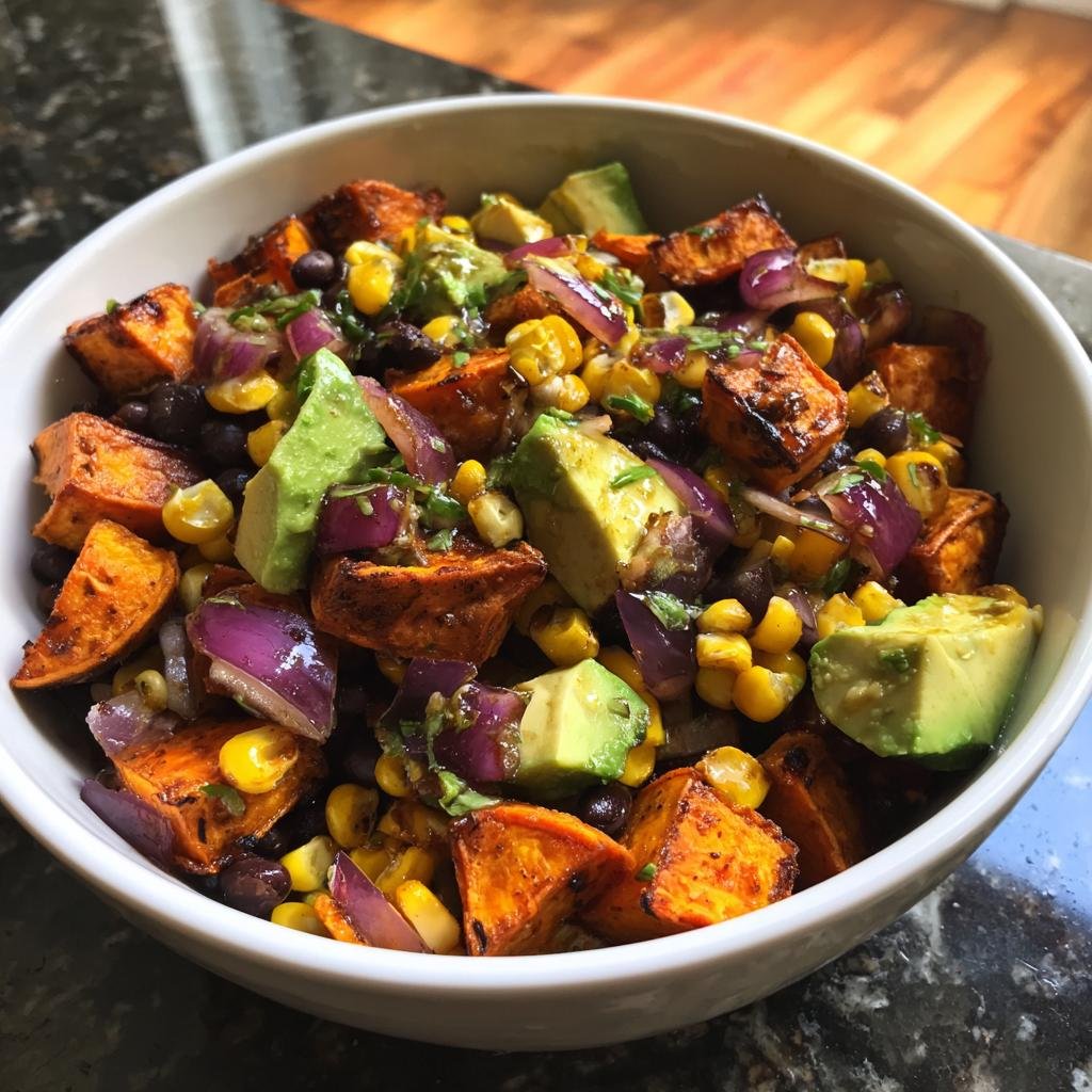 Nahaufnahme einer Schüssel mit Süßkartoffel-Taco-Schüsseln, bestehend aus Süßkartoffeln, Avocado, Mais und roten Zwiebeln.