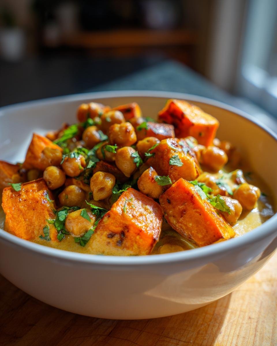 Bowl of Süßkartoffel-Würfel mit Kichererbsen & Curry, garnished with fresh herbs.