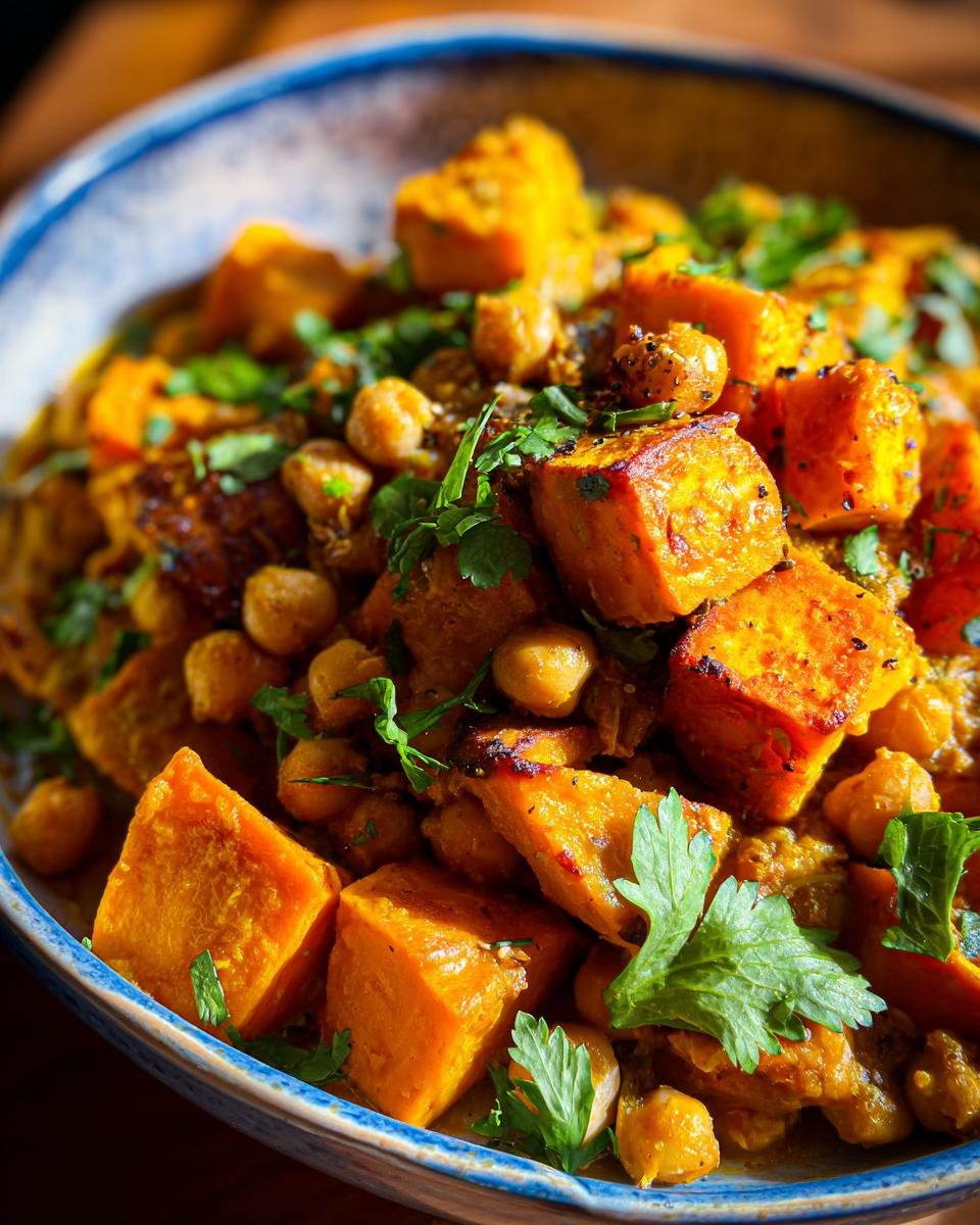 Close-up of Süßkartoffel-Würfel mit Kichererbsen & Curry, garnished with fresh herbs in a blue bowl.