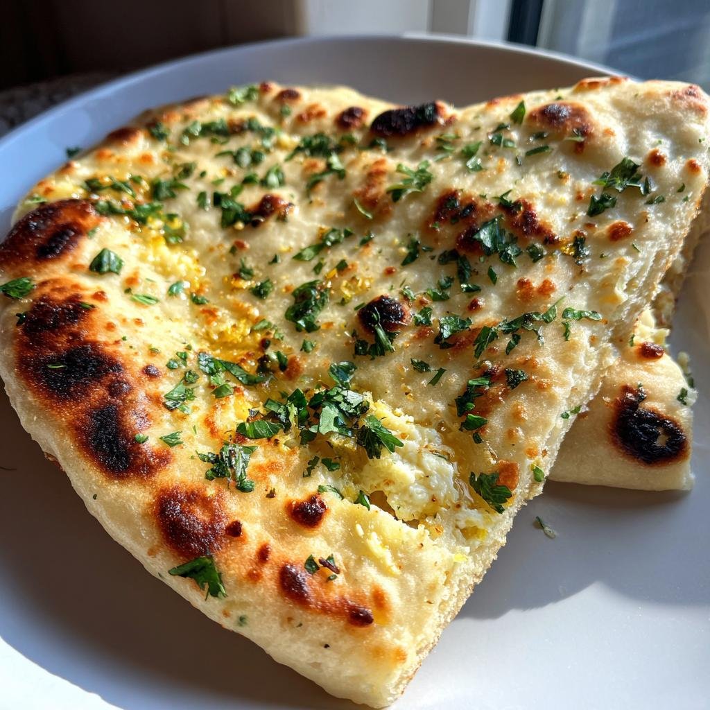 Close-up of Superweiches Knoblauch-Hüttenkäse-Naan topped with fresh herbs on a white plate.