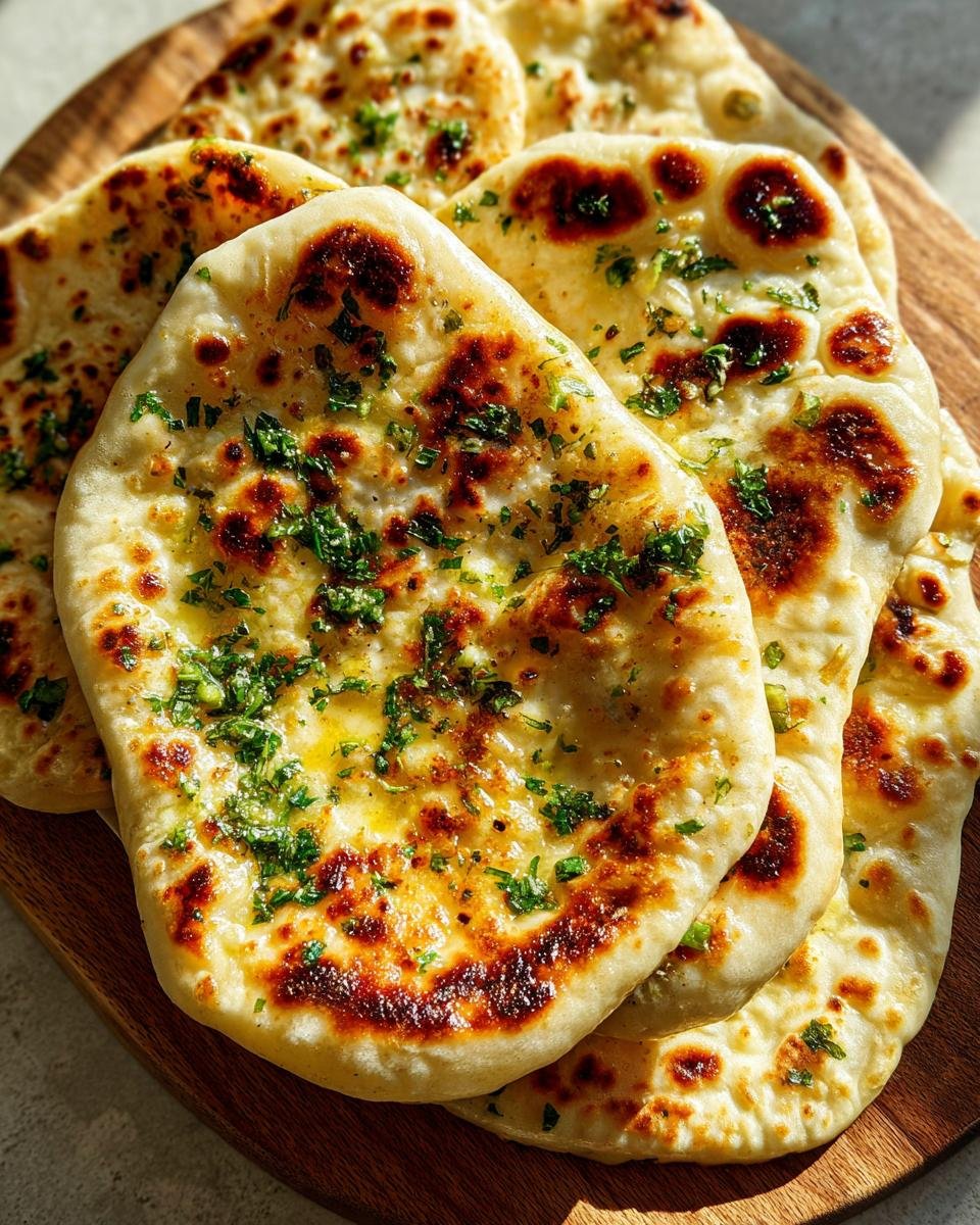 Pile of freshly baked Superweiches Knoblauch-Hüttenkäse-Naan with garlic and herbs on a wooden board.