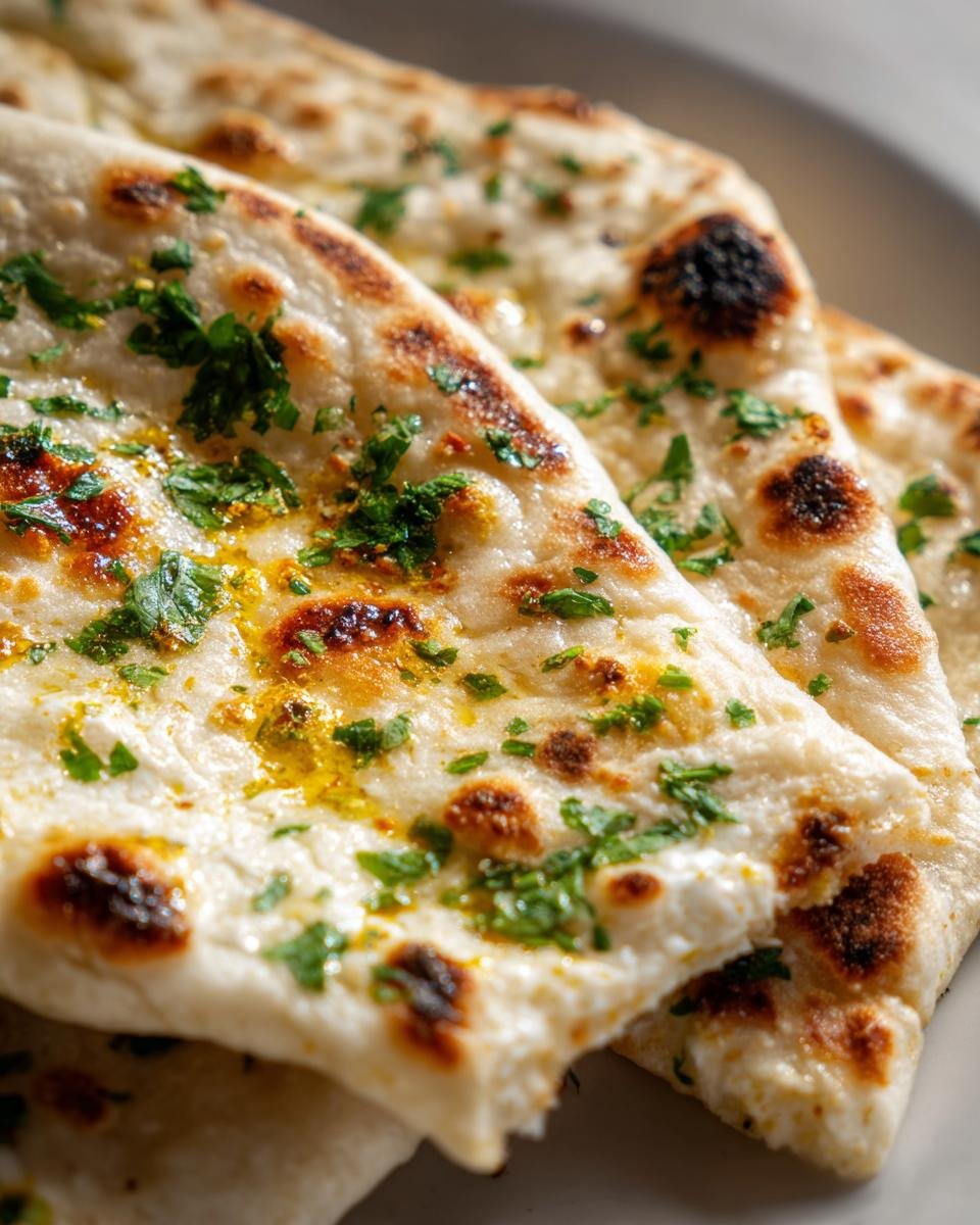 Close-up of Superweiches Knoblauch-Hüttenkäse-Naan, garnished with fresh herbs and with golden-brown spots.