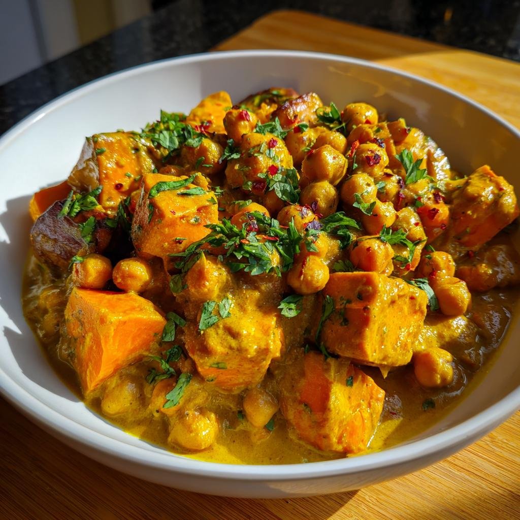 Bowl of Süßkartoffel-Würfel mit Kichererbsen & Curry, garnished with fresh herbs and spices.