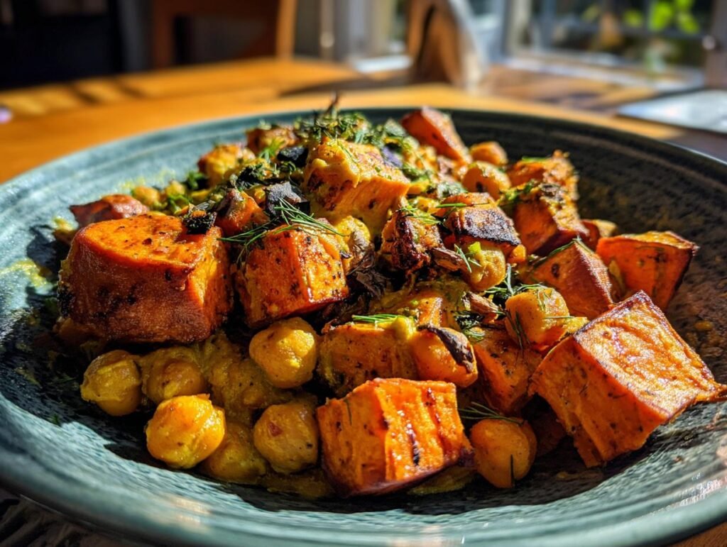 Close-up of Süßkartoffel-Würfel mit Kichererbsen & Curry, a simple and delicious curry dish.