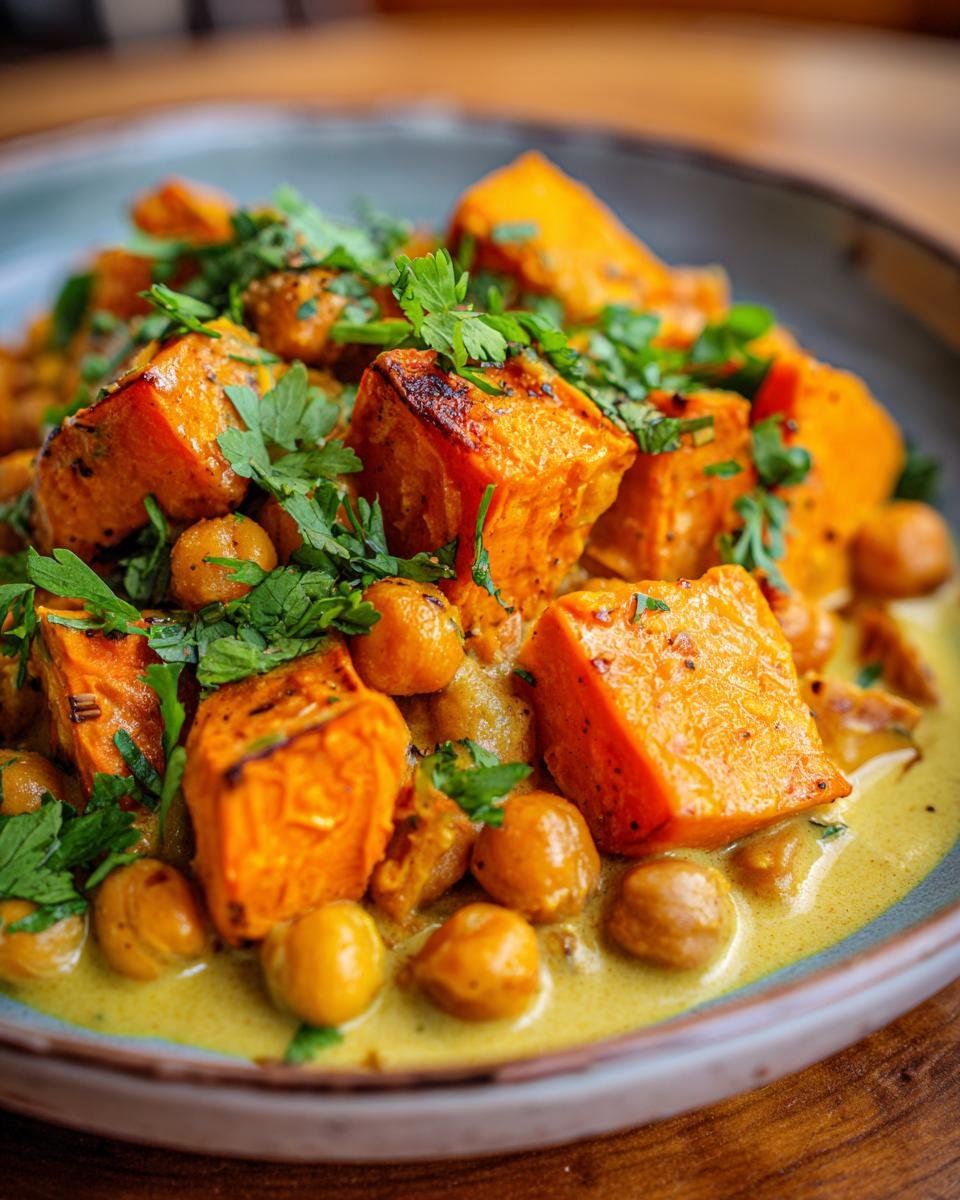 Close-up of Süßkartoffel-Würfel mit Kichererbsen & Curry, garnished with fresh parsley in a bowl.