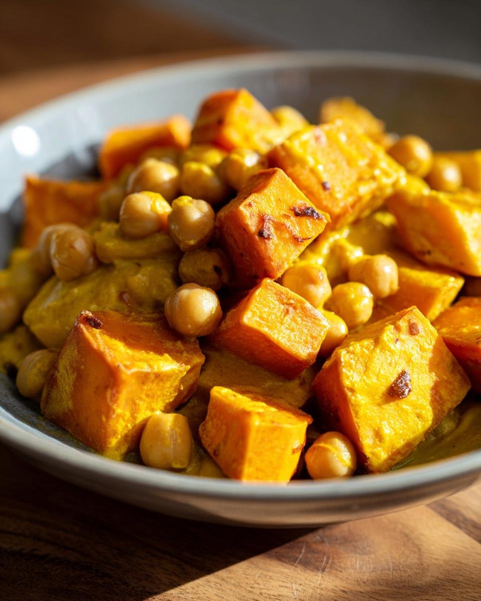 Close-up of Süßkartoffel-Würfel mit Kichererbsen & Curry, a delicious and easy curry dish.
