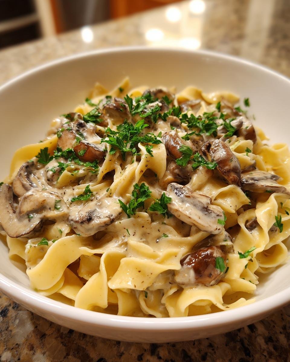 Close-up of Tagliatelle mit Champignon-Rahmsoße, creamy mushroom sauce over pasta, garnished with parsley.