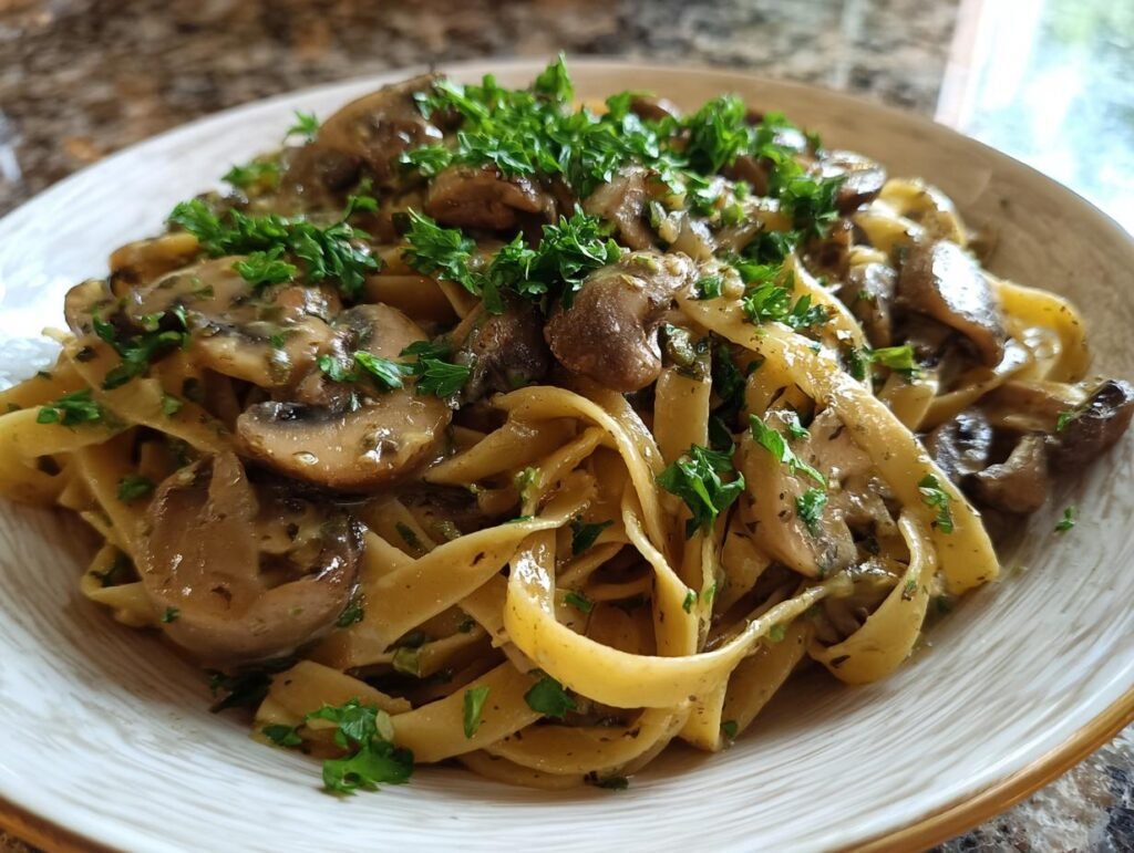Close-up of Tagliatelle mit Champignon-Rahmsoße, creamy mushroom sauce, and fresh parsley.