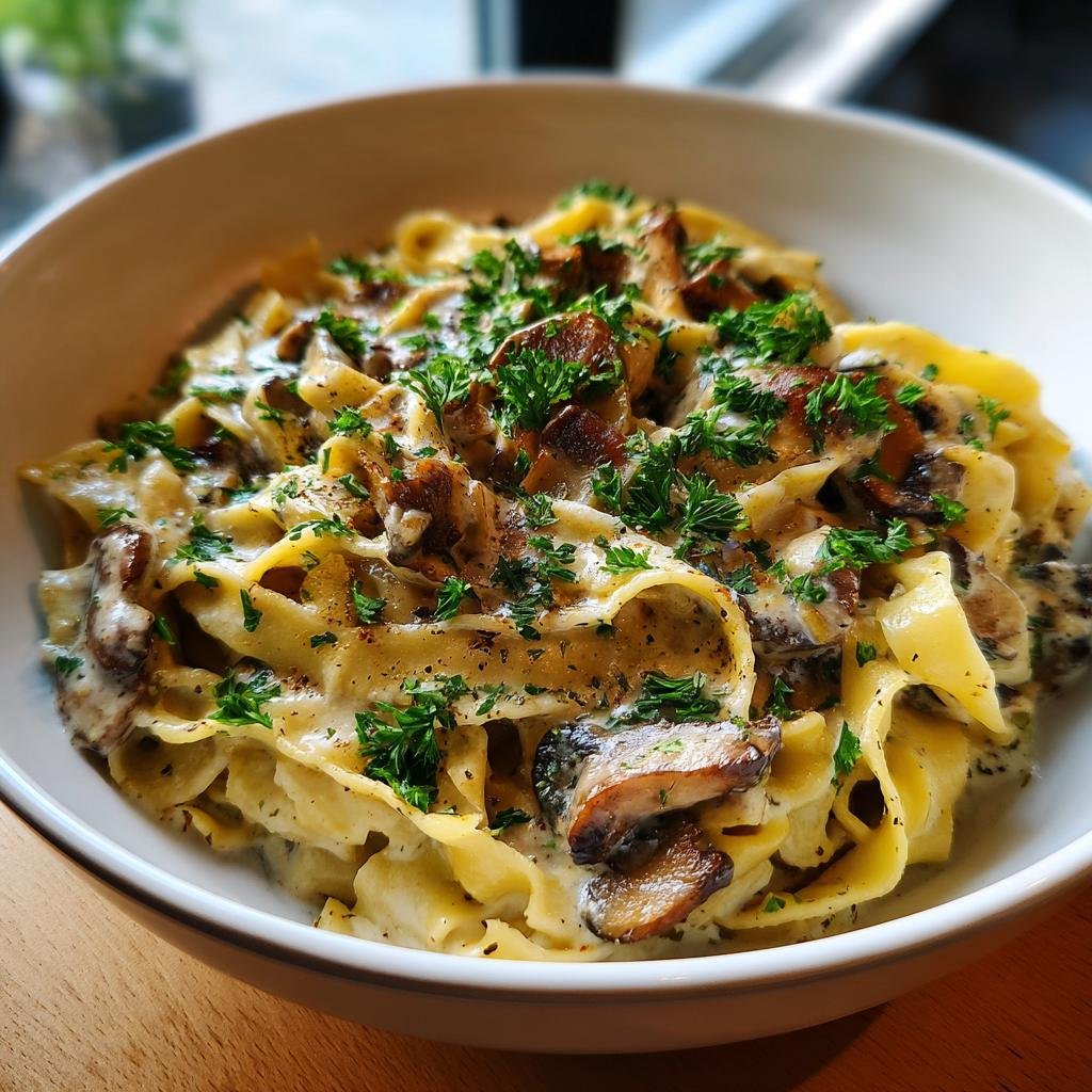 Nahaufnahme von Tagliatelle mit Champignon-Rahmsoße, garniert mit Petersilie in einer Schüssel.