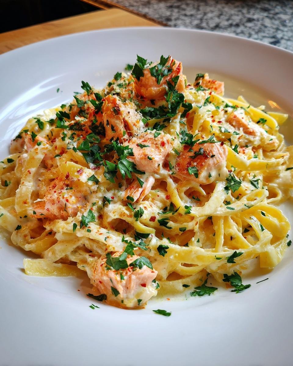 Delicious Tagliatelle mit Lachs in Zitronen-Sahne-Sauce, garnished with fresh parsley and red pepper flakes.