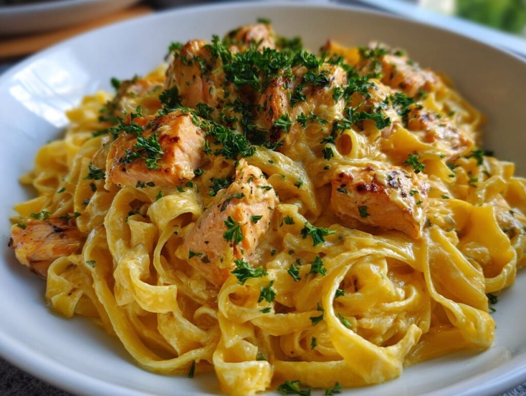 Delicious Tagliatelle mit Lachs in Zitronen-Sahne-Sauce, garnished with fresh parsley.