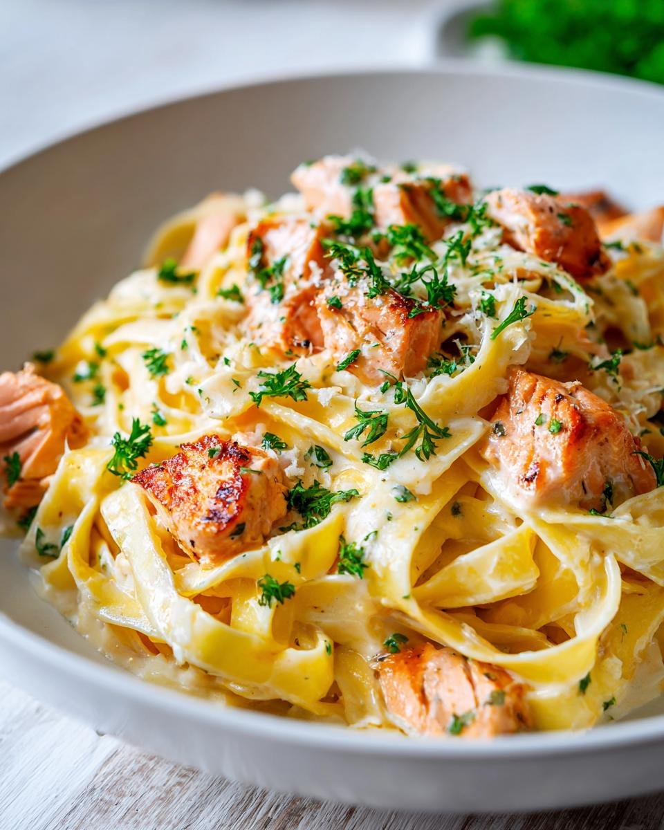 Close-up of Tagliatelle mit Lachs in Zitronen-Sahne-Sauce, garnished with parsley and parmesan.