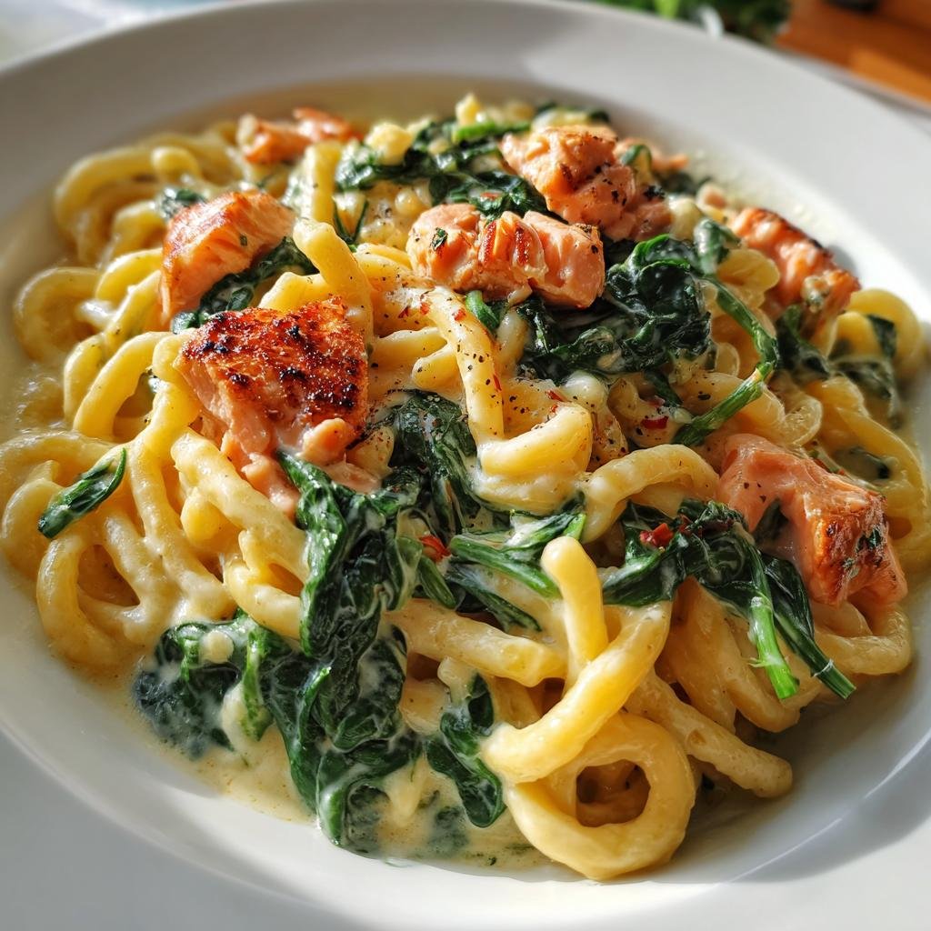 Tagliatelle mit Lachs in Zitronen-Sahne-Sauce, garnished with spinach and pepper.