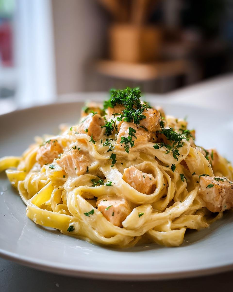 Delicious Tagliatelle mit Lachs in Zitronen-Sahne-Sauce, garnished with fresh parsley.