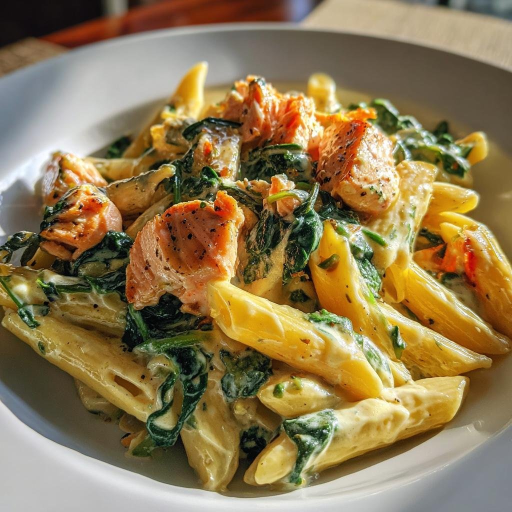 Close-up of Tagliatelle mit Lachs in Zitronen-Sahne-Sauce with spinach and creamy sauce.