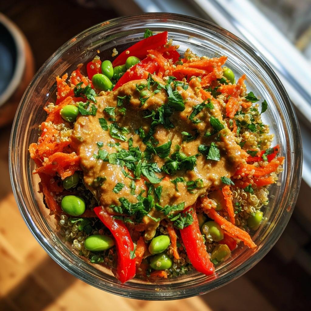 Draufsicht eines Thai Quinoa Salat mit cremigem Erdnussdressing, garniert mit frischen Kräutern.
