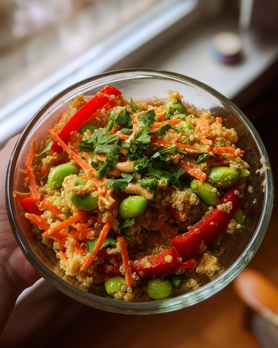Thai Quinoa Salat mit cremigem Erdnussdressing in einer Glasschüssel, garniert mit Gemüse und Kräutern.