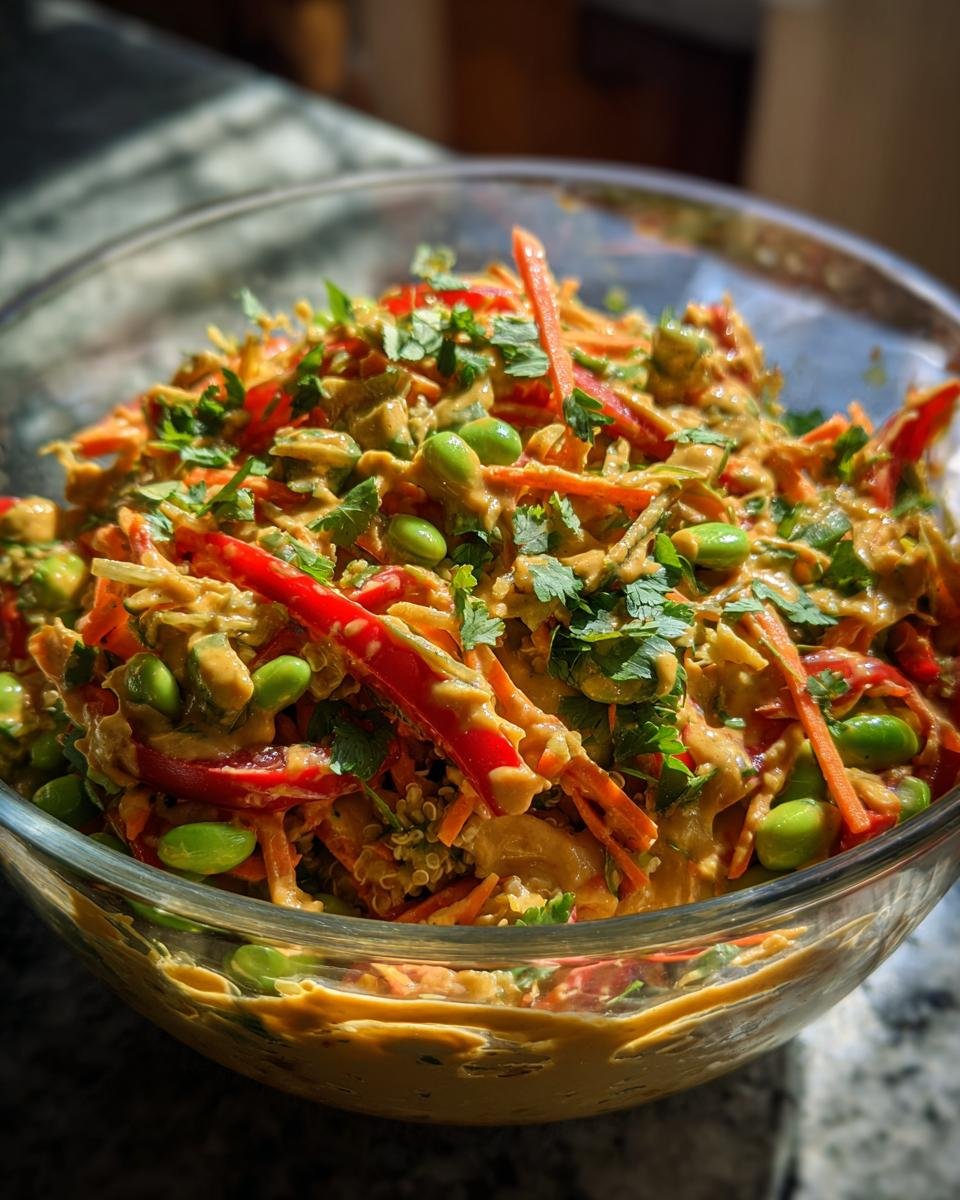 Close-up of Thai Quinoa Salat mit cremigem Erdnussdressing, featuring quinoa, vegetables, and peanut dressing.